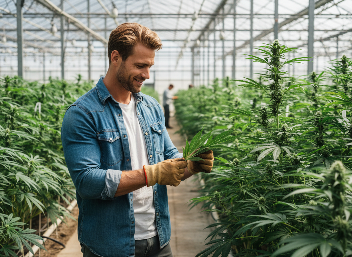 Man inspecting cannabis plants in a greenhouse