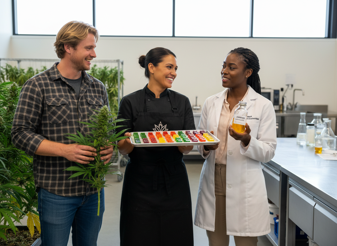 Three people in a laboratory setting with plants and lab equipment.