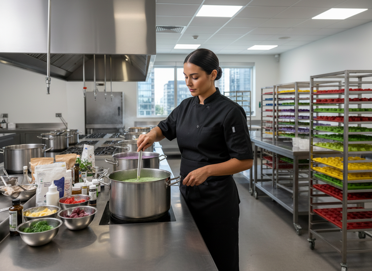 Person in a professional kitchen stirring a pot of food.