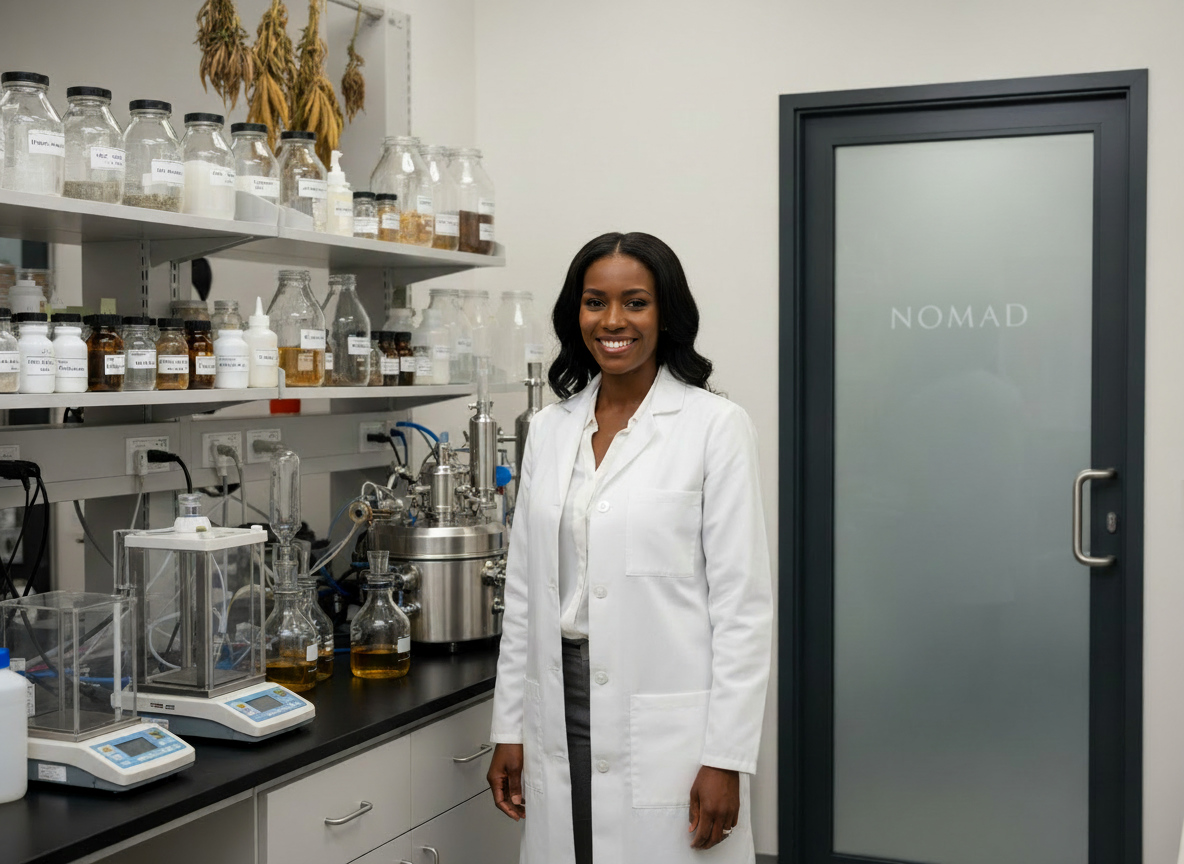 Person in a lab coat standing in a laboratory with shelves of equipment and a door labeled 'NOMAD'.